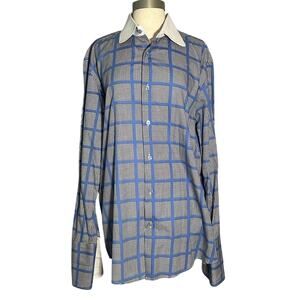 R. Lewis Contemporary Men's Dress Shirt 16-1/2, 35/35 blue grid over houndstooth